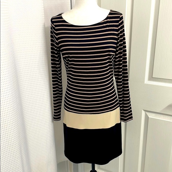 Frank Lyman Design Black and Tan Sheath Dress Long Sleeve Crew Neck - Picture 1 of 2